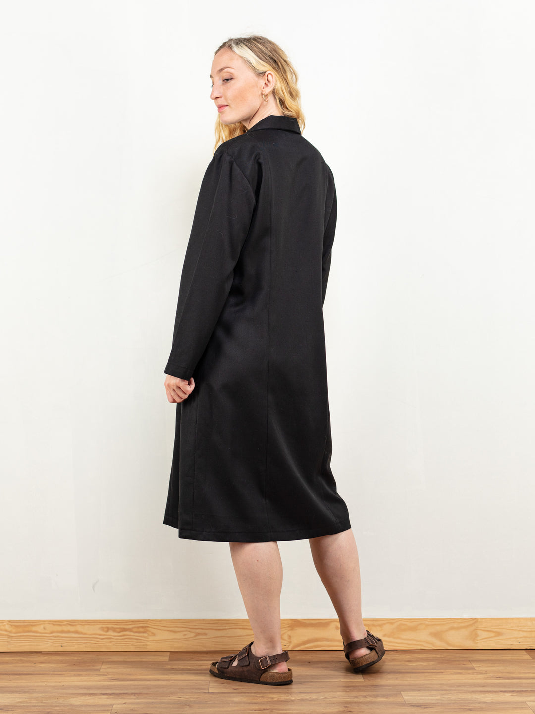 70s Black Dress handmade trench dress black aesthetic minimalist artist dress coat women retro wear oversized longline dress size medium