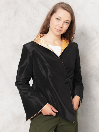 Vintage Black Oversized Chinese Jacket Vintage Wrap Jacket Asian Oriental Jacket Frog Button Closure Jacket 90s Flare Sleeve Top size Large