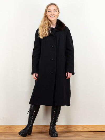 60's Winter Coat vintage 60's women black polyester blend opera coat brown fur collar crepe coat classic minimalist coat size extra large XL