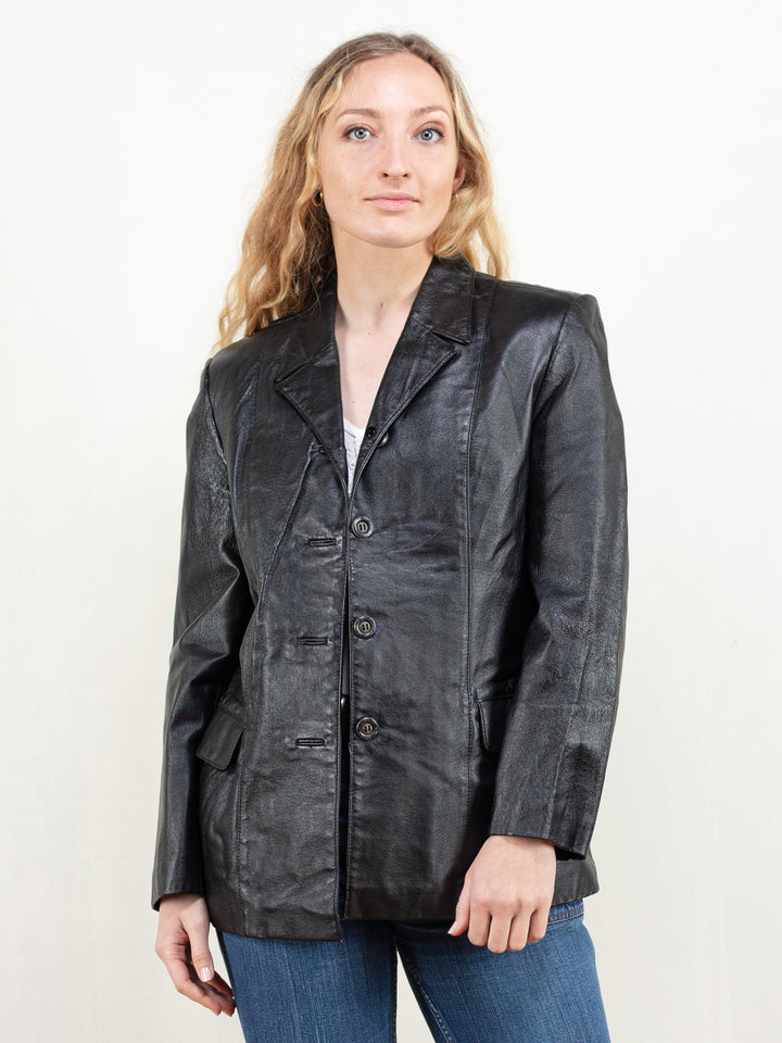 Black Leather Blazer vintage 80s black jacket leather minimalist jacket grunge jacket casual outerwear women vintage clothing size medium