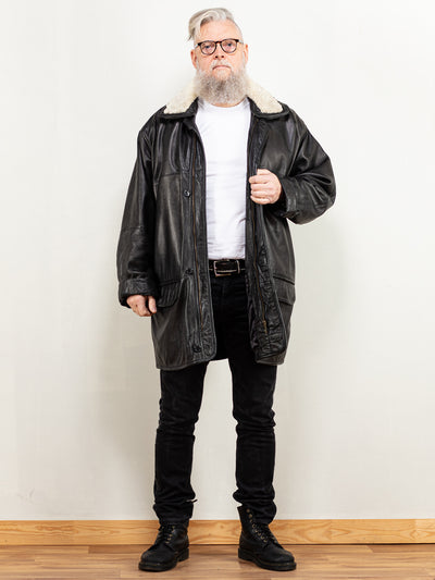 Black Leather Coat vintage 80's leather insulated shearling collar black men edgy minimalist midi boyfriend gift size extra extra large XXL