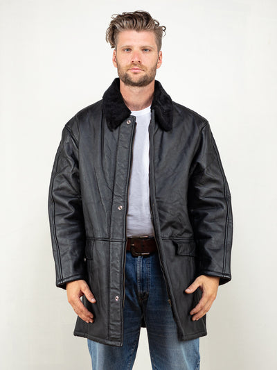 Black Sherpa Coat vintage men black leather winter coat sherpa lined faux sheepskin coat boyfriend gift idea minimalist style size large