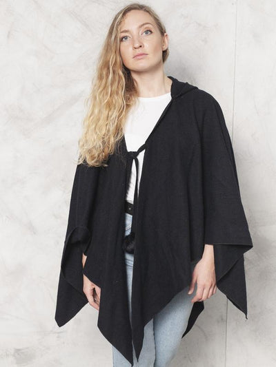 Black Wool Cape Vintage 80's Casual Cape Minimalist Poncho Boho Blanket Black Wool Cape Bohemian Outfit Western Style Poncho size Large