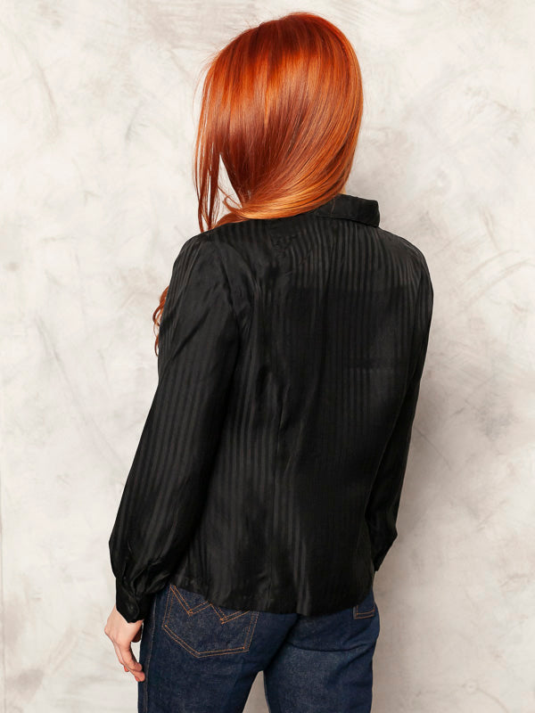 Casual Women Blouse vintage 70's black collared pointy shirt retro bold wear long sleeve minimalist blouse light women clothing size small