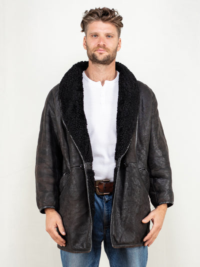 Men Sheepskin Coat 80's vintage black shearling outerwear cowboy shearl suede casual boho western sustainable oversized overcoat size large