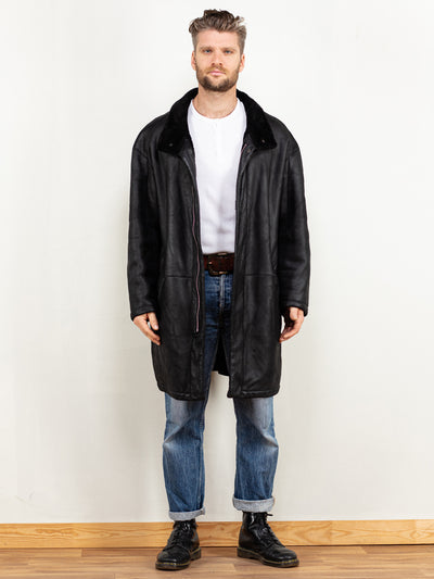 Black Leather Shearl Coat vintage men 80's leather winter coat western boho minimalist vintage men style clothing size extra large XL
