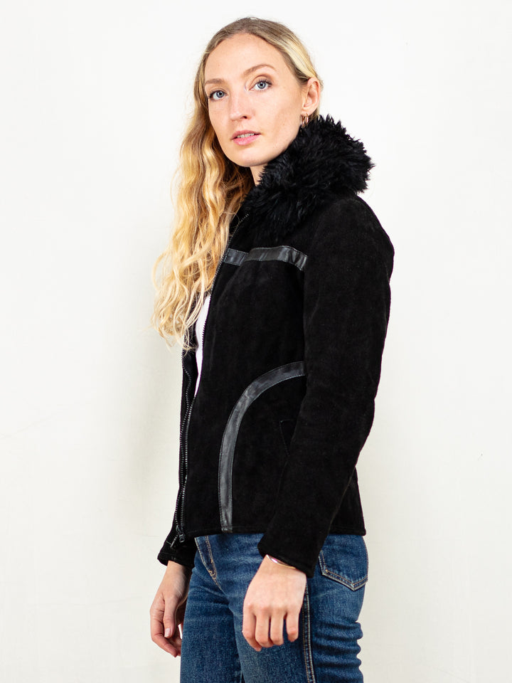 Penny Lane Jacket 70's women shearling suede black sherpa lining jacket winter outerwear outwear women vintage clothing size extra small XS