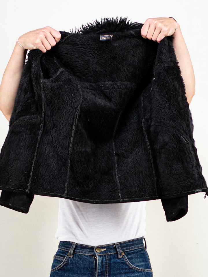 Penny Lane Jacket 70's women shearling suede black sherpa lining jacket winter outerwear outwear women vintage clothing size extra small XS