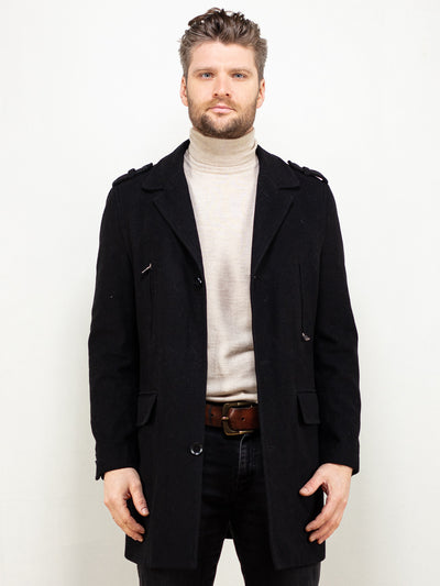 Men Wool Coat 90s black wool blend overcoat classic smart casual street style 90s minimalistic winter outerwear size medium