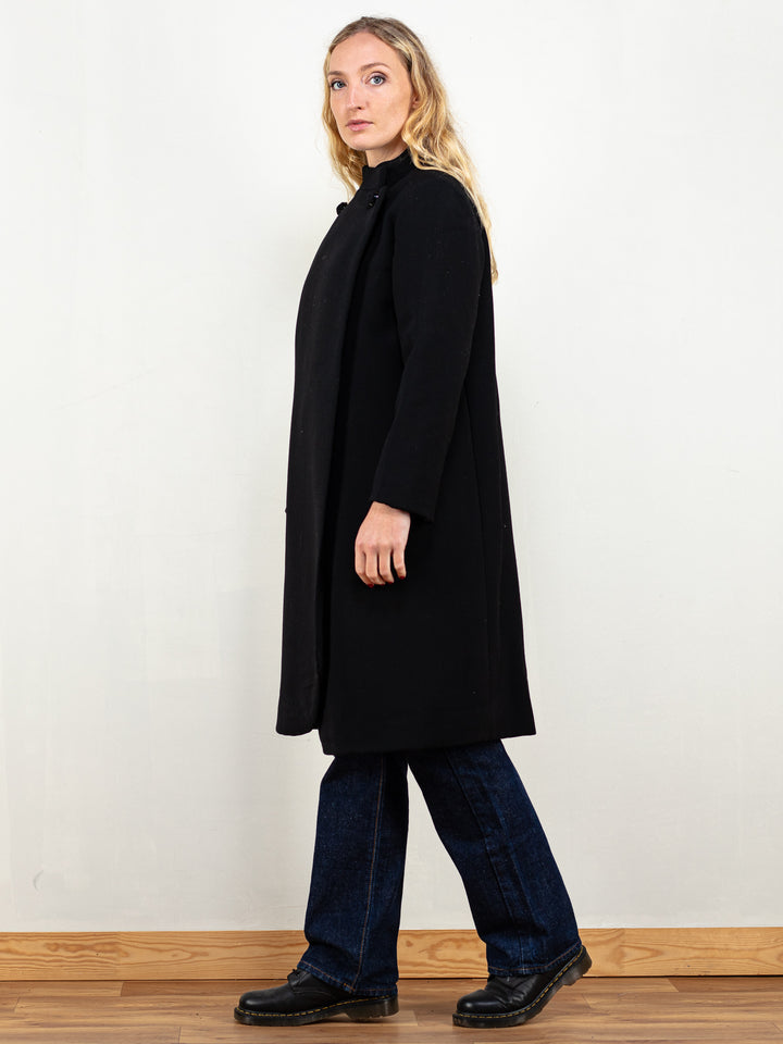 60s Black Coat women 60's black wool blend coat wrap design wool coat women opera coat minimalist casual coat size medium