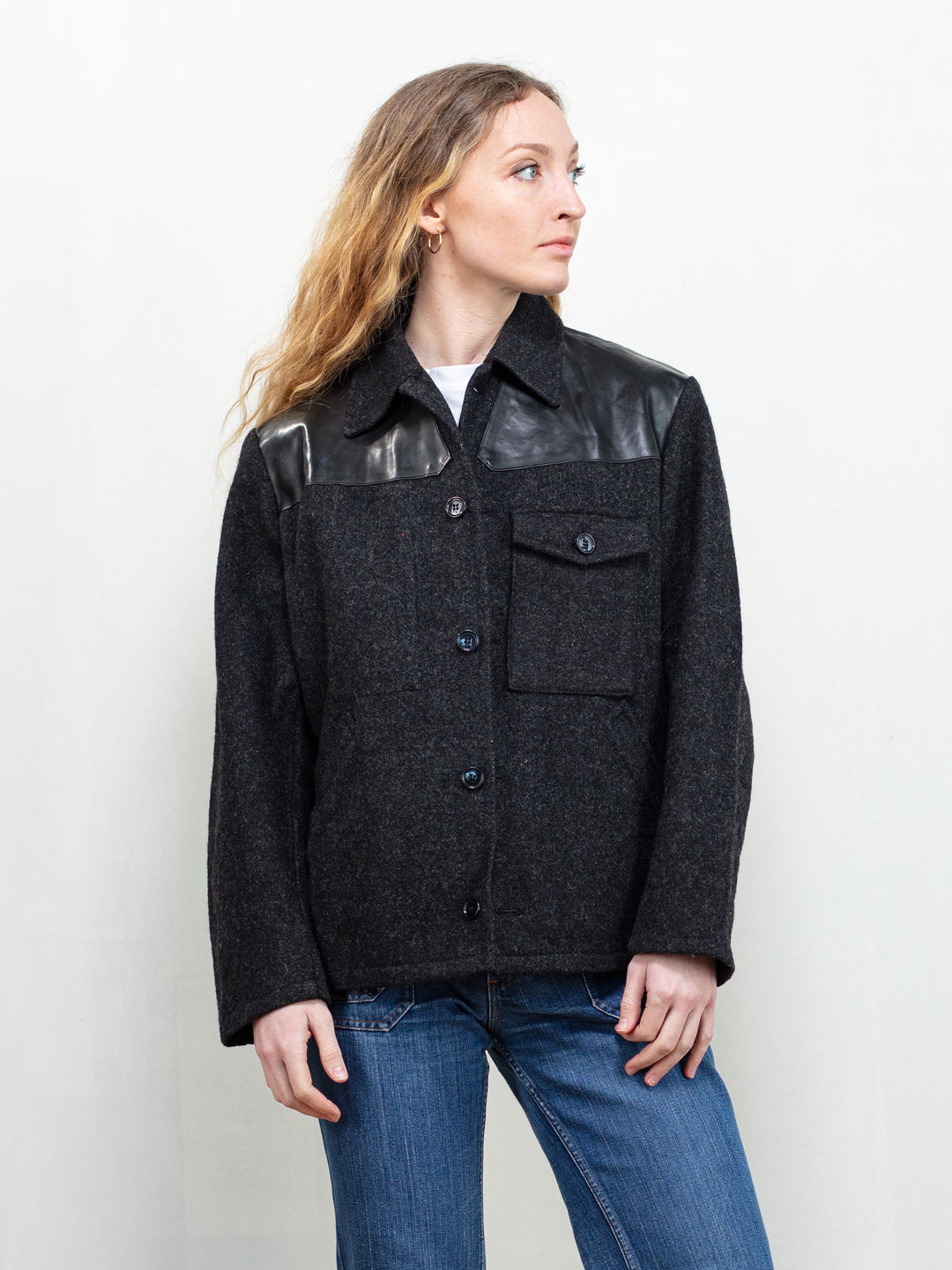 Black Wool Jacket vintage women outerwear wool blend blazer jacket pvc shoulders warm spring jacket northern girl store clothing size large
