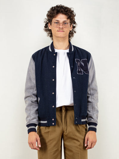 Vintage 00s Letterman Sports Jacket in Navy Blue and Grey
