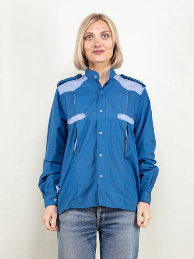Women Blue Shirt 70s long sleeve cotton band collar shirt western style unisex shirt button down collarless shirt size medium
