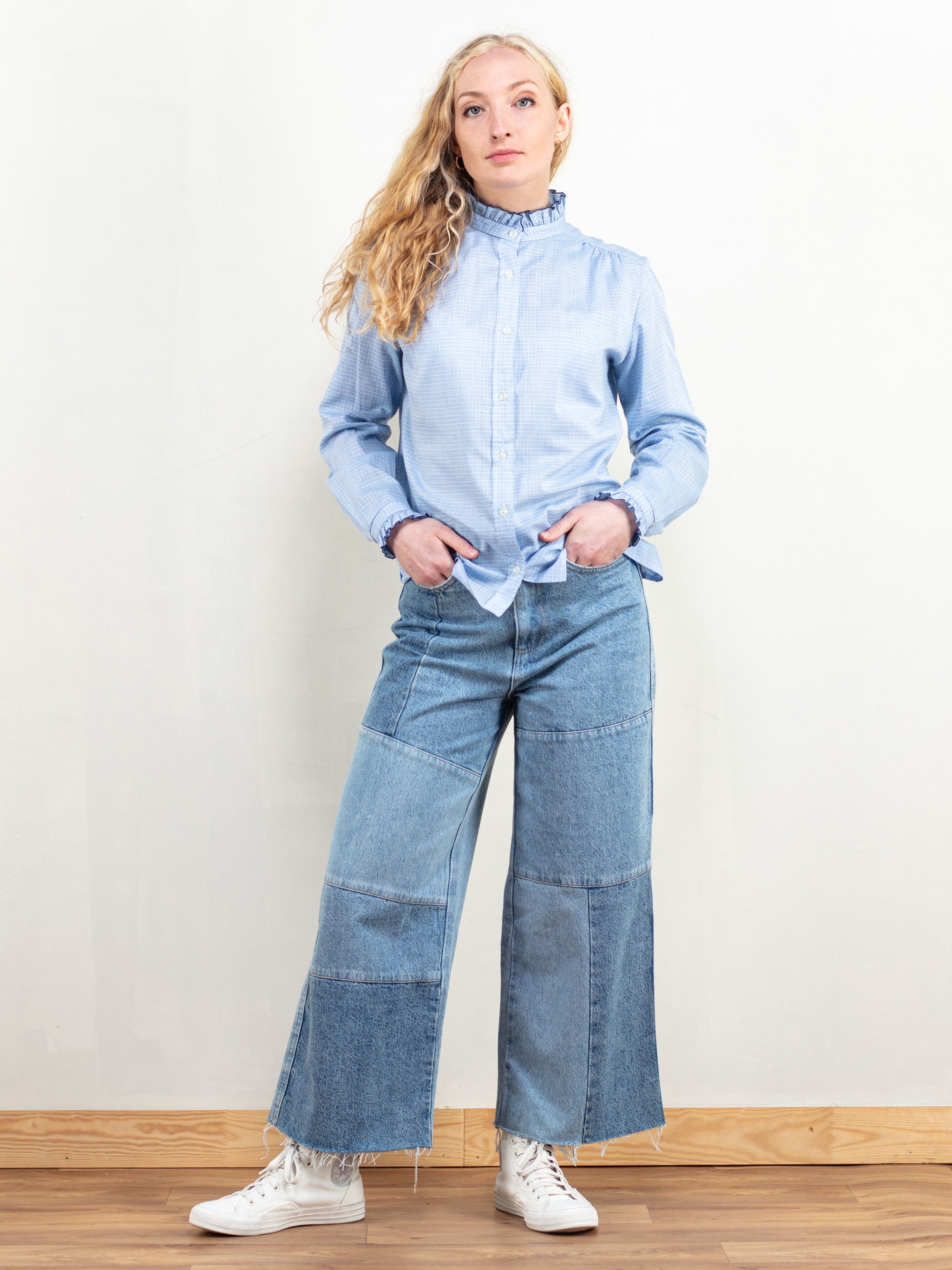Plaid ruffle blouse cheap