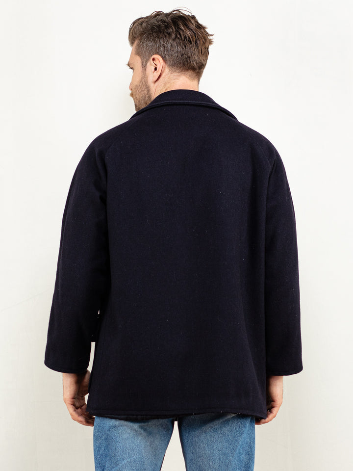 Men Wool Peacoat 70's vintage single breasted short coat dark blue wool minimalist overcoat winter autumn men casual smart coat size medium