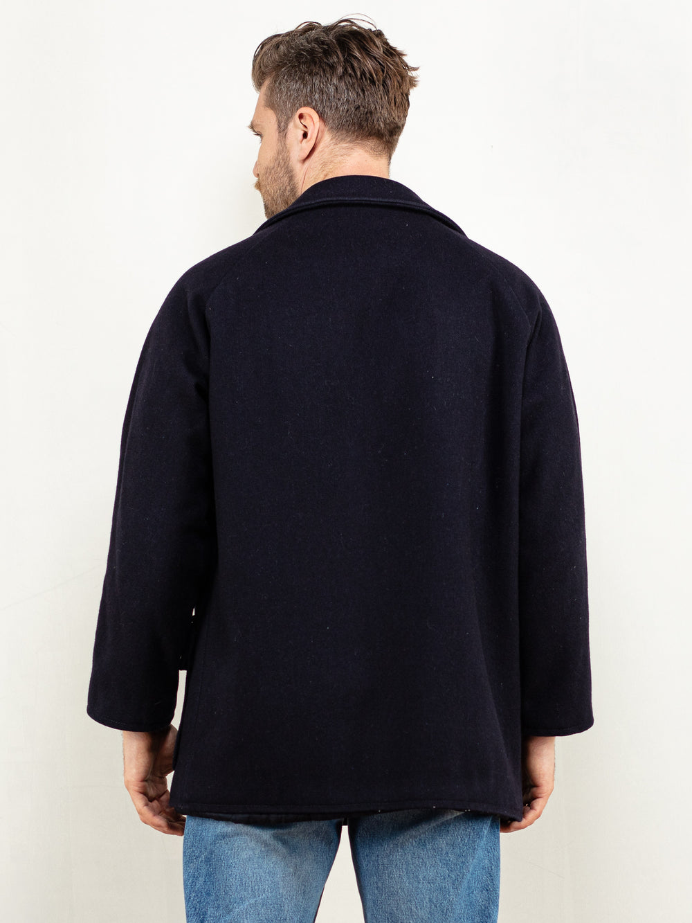Vintage 70's Men Wool Blend Coat in Navy Blue - NorthernGrip