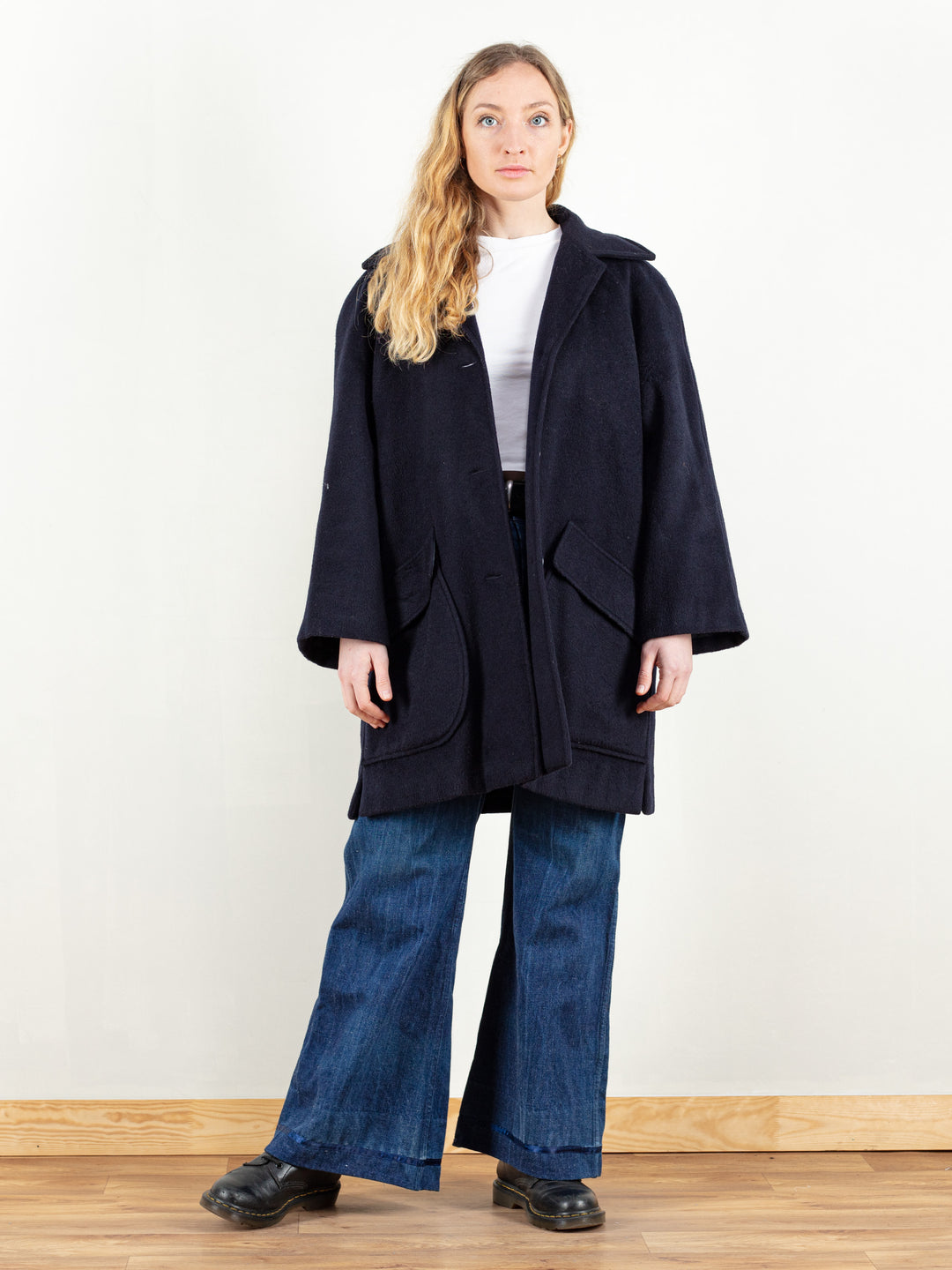 Blue Wool Coat women vintage 80s winter coat wool blend short coat mod outerwear bold winter coat vintage clothing size large