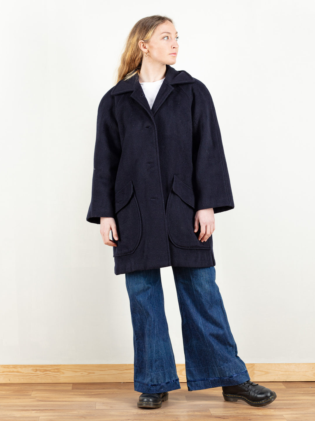 Blue Wool Coat women vintage 80s winter coat wool blend short coat mod outerwear bold winter coat vintage clothing size large