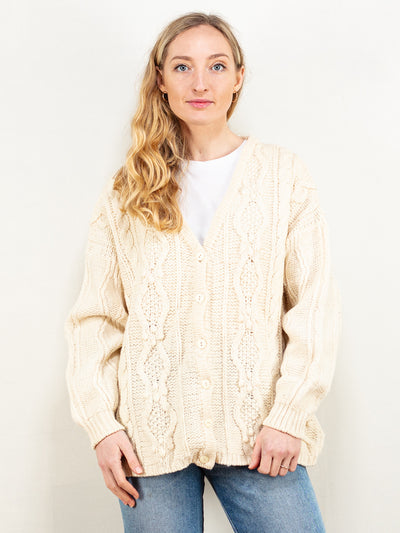 Women Wool Cardigan vintage 70's pure wool ivory white bobble knit cable pattern knitted v-neck long sleeve thick wool jacket size large