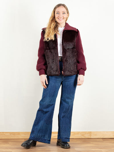 Fur and Knit Jacket vintage 70s zip up fur body knitted sleeves cardigan retro fur jacket bordeaux fur jacket size medium