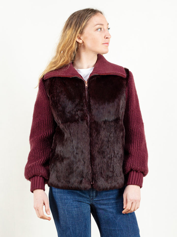 Fur and Knit Jacket vintage 70s zip up fur body knitted sleeves cardigan retro fur jacket bordeaux fur jacket size medium