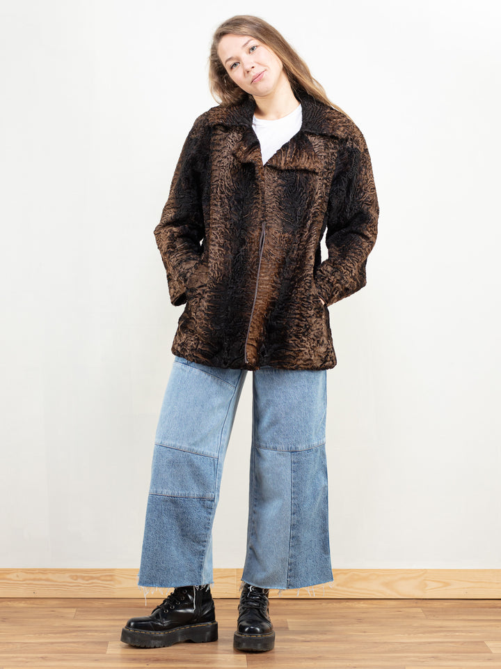 70s Fur Jacket brown real fur coat women luxurious outerwear vintage curly fur jacket women winter opera jacket fancy fur jacket size small