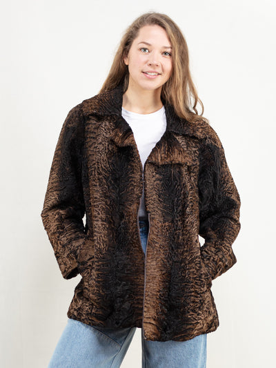 70s Fur Jacket brown real fur coat women luxurious outerwear vintage curly fur jacket women winter opera jacket fancy fur jacket size small