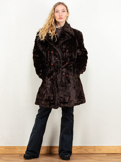 Faux Fur Coat vintage 70's brown fuzzy double breasted midi winter coat women boho style outerwear sustainable fashion size large