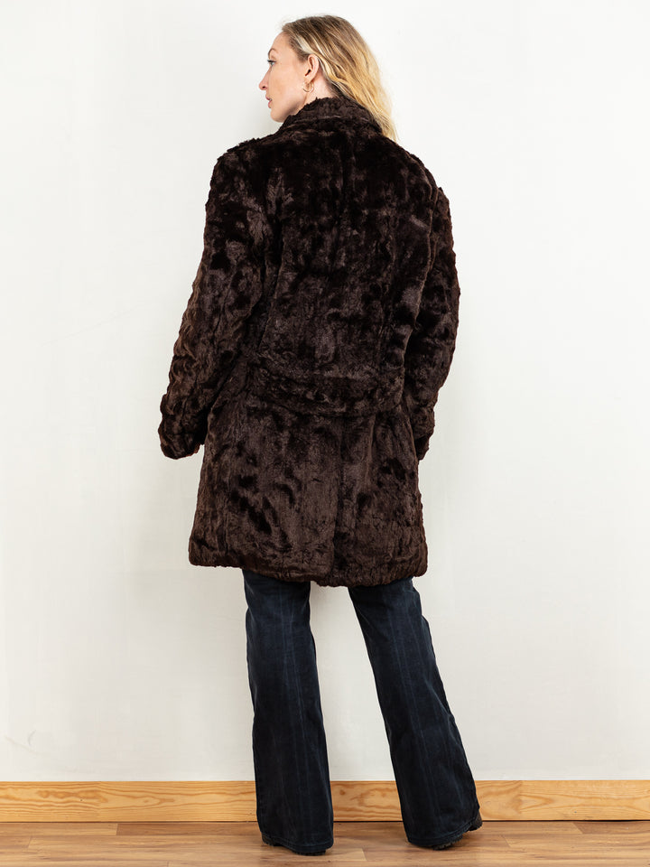 Faux Fur Coat vintage 70's brown fuzzy double breasted midi winter coat women boho style outerwear sustainable fashion size large