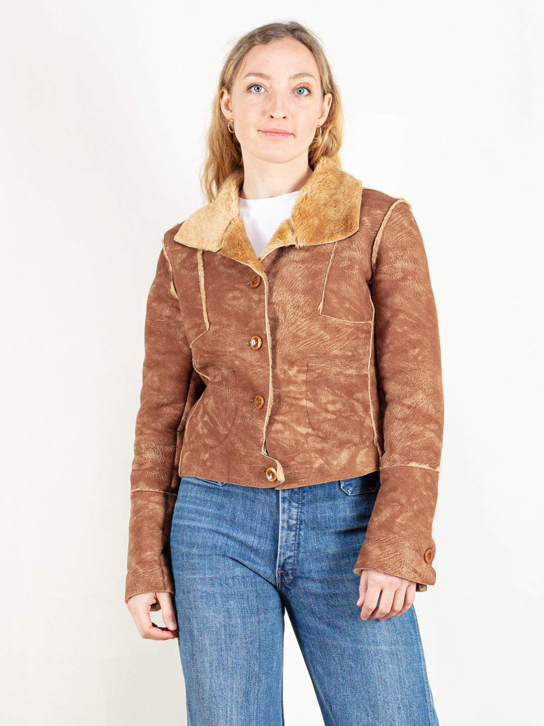 Faux Suede Jacket 90s brown jacket suede faux fur short coat sherpa coat winter outerwear hippie coat women vintage clothing size medium