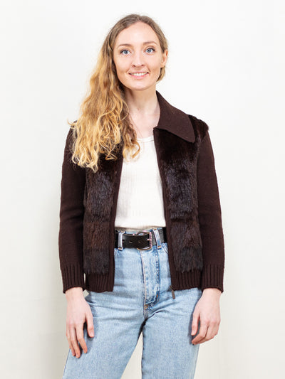 Fur and Knit Jacket vintage 70s brown fancy zip up fur body knitted sleeves cardigan retro fur jacket brown fur jacket size extra small