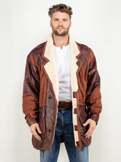 Men Sheepskin Leather coat 90's vintage brown shearling outerwear boho western sustainable winter men coat clothing overcoat size large