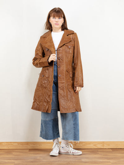 Brown Leather Coat women vintage 90s longline leather coat casual 70s style coat women vintage clothing retro minimalist coat size small
