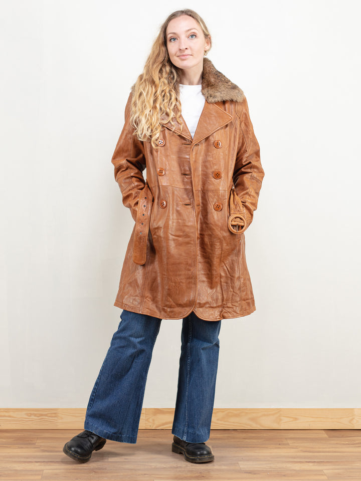 Women Leather Coat vintage 90s brown leather coat long jacket penny lane coat afghan coat real fur collar coat vintage clothing size medium