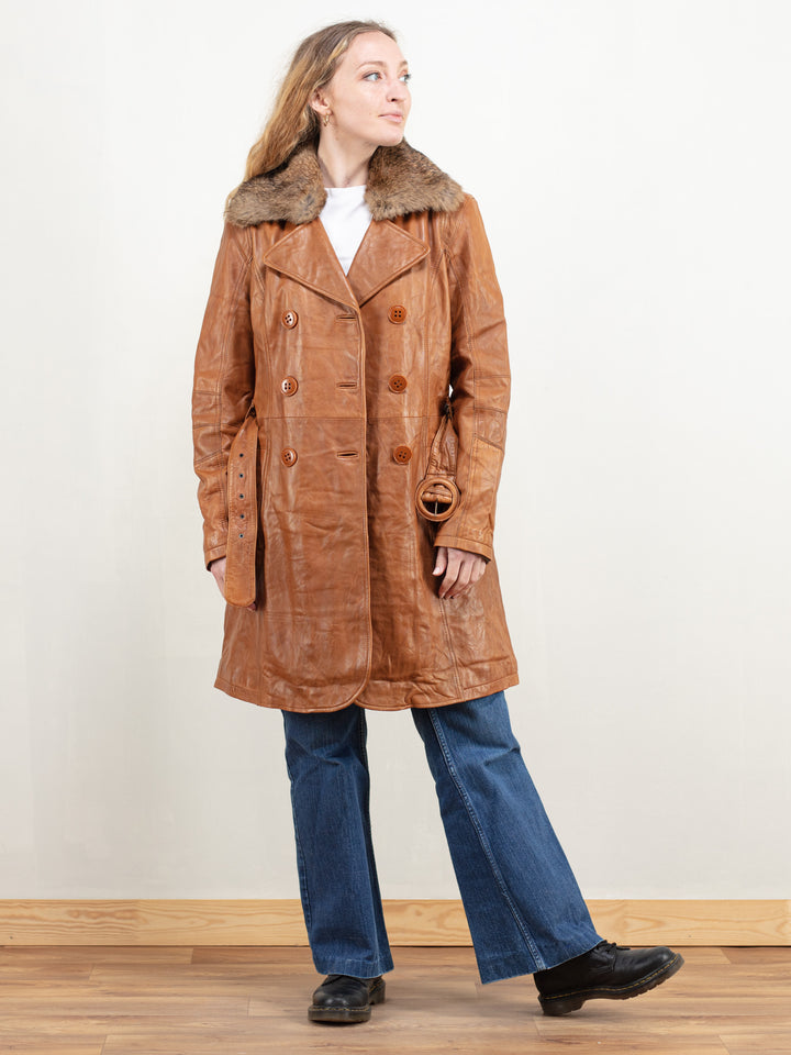 Women Leather Coat vintage 90s brown leather coat long jacket penny lane coat afghan coat real fur collar coat vintage clothing size medium