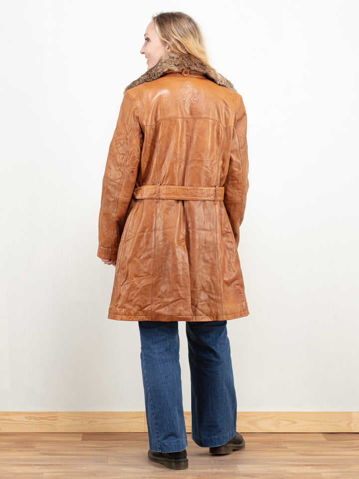 Women Leather Coat vintage 90s brown leather coat long jacket penny lane coat afghan coat real fur collar coat vintage clothing size medium