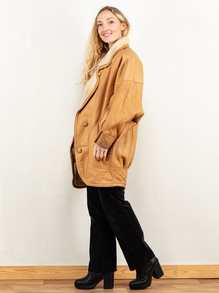 Leather Sheepskin Coat vintage 80's women brown leather shearling coat exclusive coat shearl coat women winter wear size large