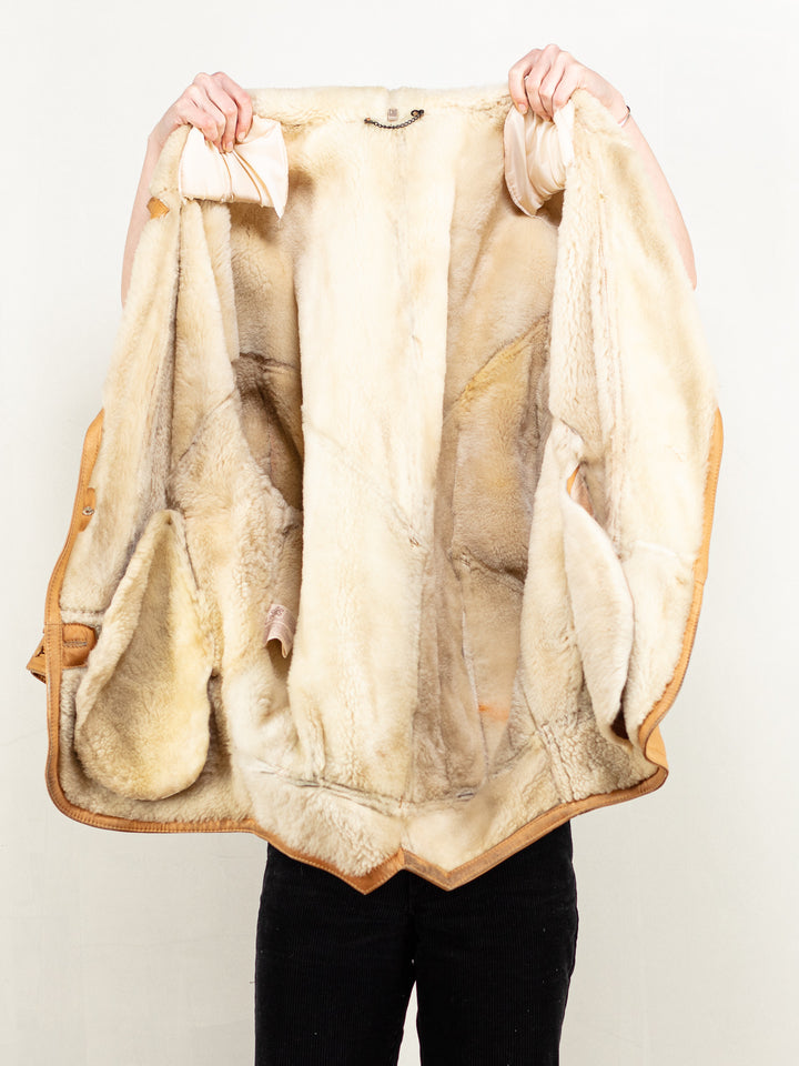 Leather Sheepskin Coat vintage 80's women brown leather shearling coat exclusive coat shearl coat women winter wear size large