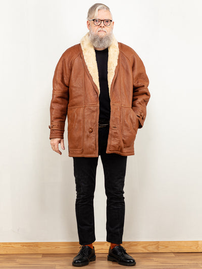 Men Sheepskin Coat 80's men vintage sustainable overcoat leather shearling brown warm winter boho style casual leather coat size large