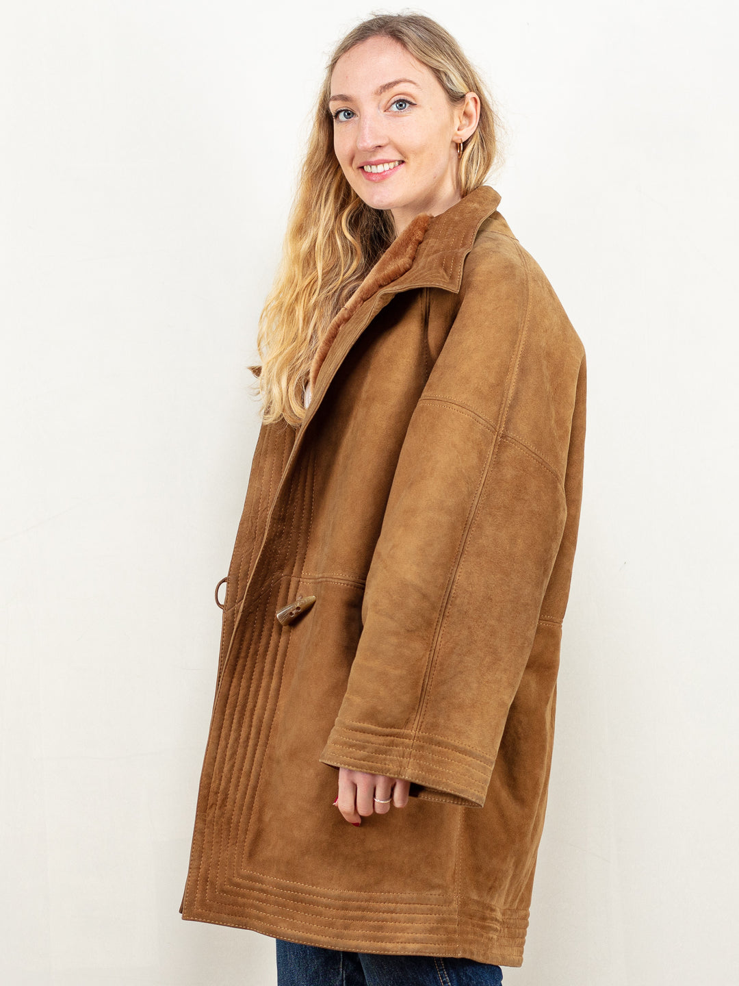 Shearling Coat Women vintage 80's brown oversized sheepskin flute sleeve sunny brown shearl overcoat sustainable fashion size extra large XL
