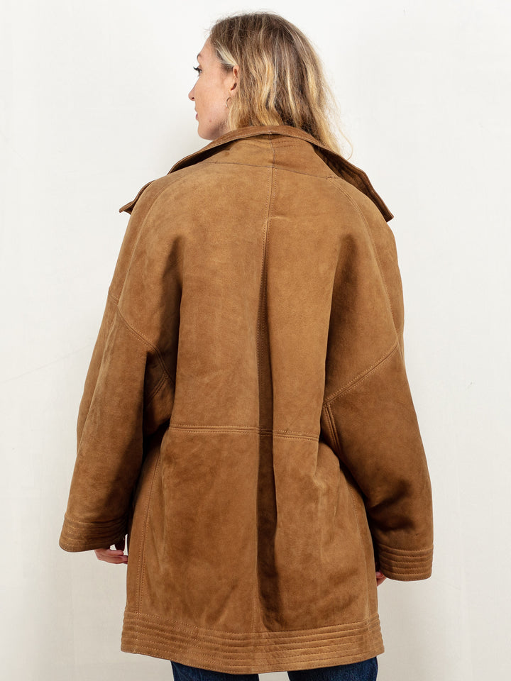 Shearling Coat Women vintage 80's brown oversized sheepskin flute sleeve sunny brown shearl overcoat sustainable fashion size extra large XL