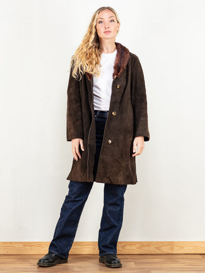 Women Sheepskin Coat brown 90's vintage short suede shearling coat shearl coat woman brown winter outerwear vintage clothing size large
