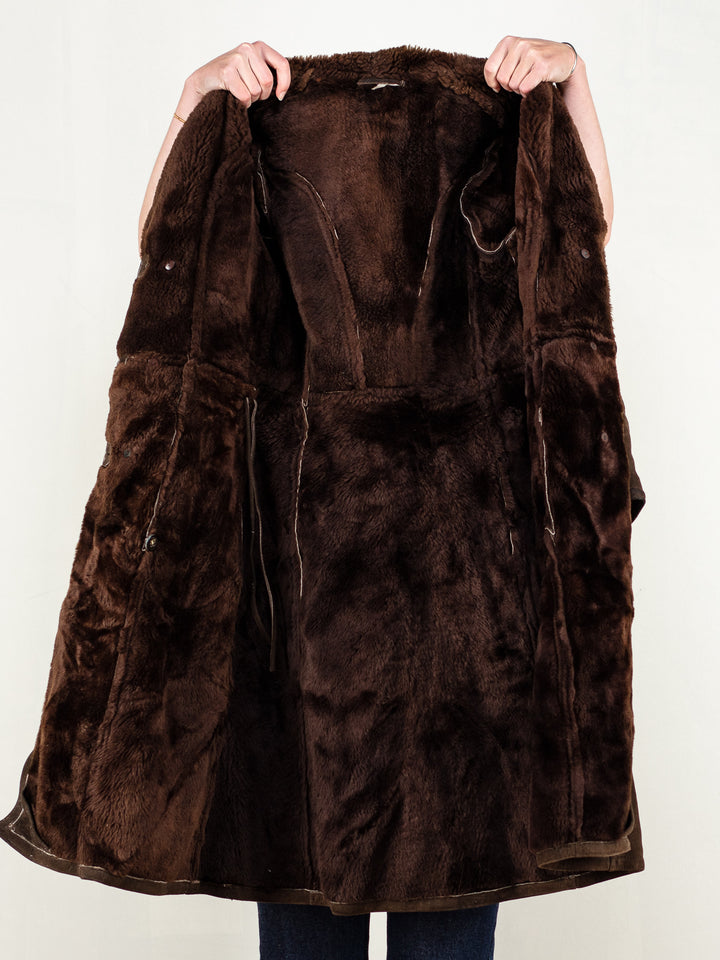 Penny Lane Coat vintage 70's brown sheepskin a-line coat almost famous movie warm winter sheepskin shearling women back-belt size medium