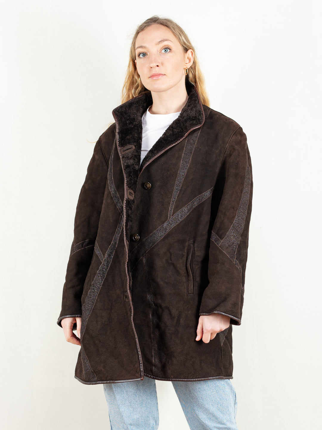 Sheepskin Shearling Coat shearl coat women vintage 80s sheepskin winter outerwear suede leather women coat 80s vintage clothing size large