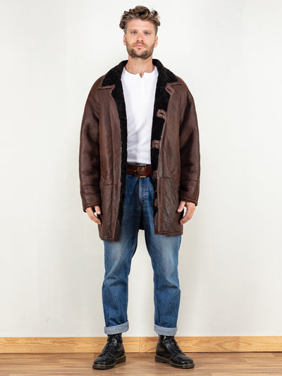 Vintage 80's Men Oversized Sheepskin Coat in Brown