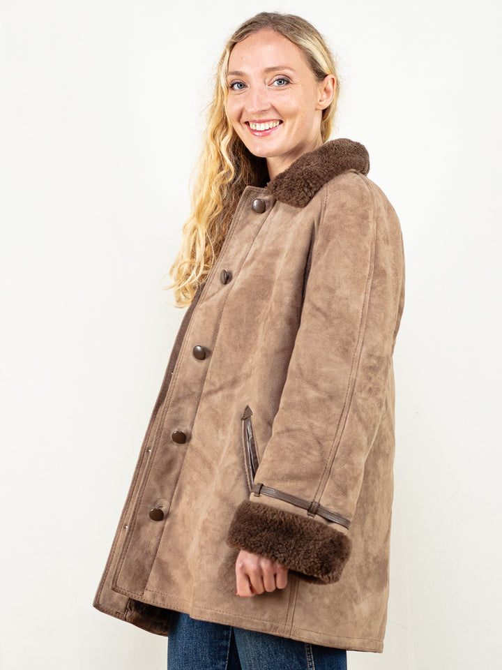 Penny Lane Shearling coat vintage 70's women brown suede sheepskin shearling coat penny lane winter outerwear vintage clothing size large L