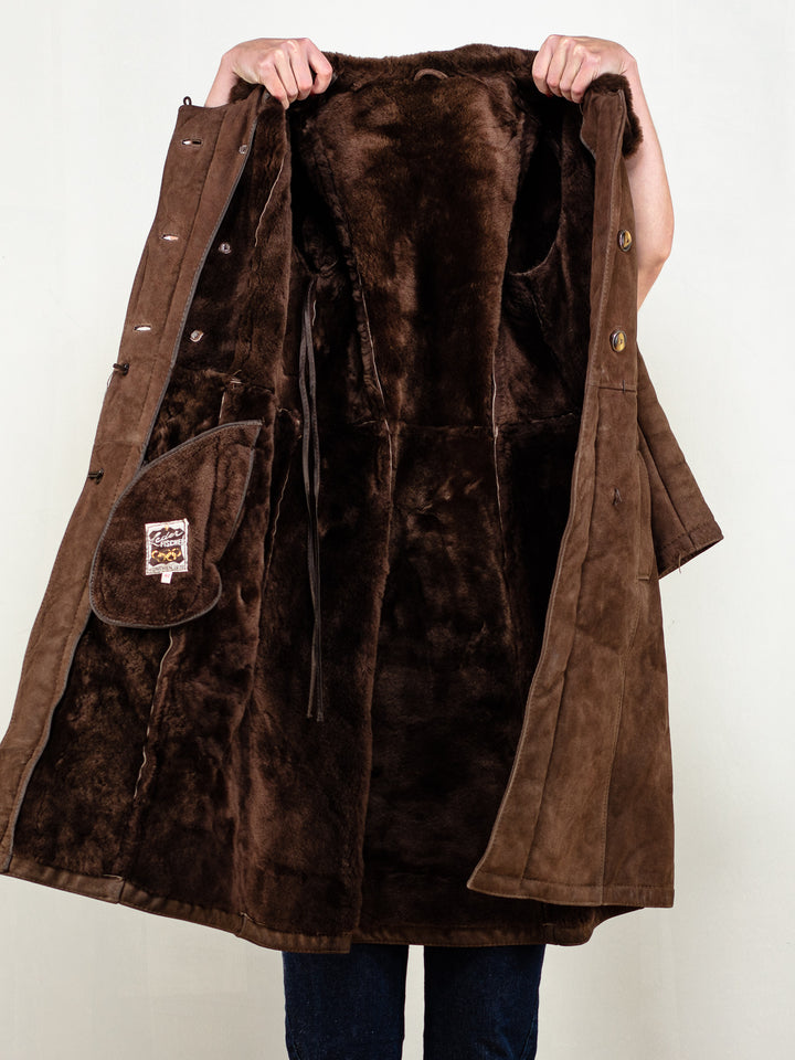 Shearling Sheepskin Coat 70's women vintage brown suede sheepskin shearling coat winter outerwear women vintage clothing size small S