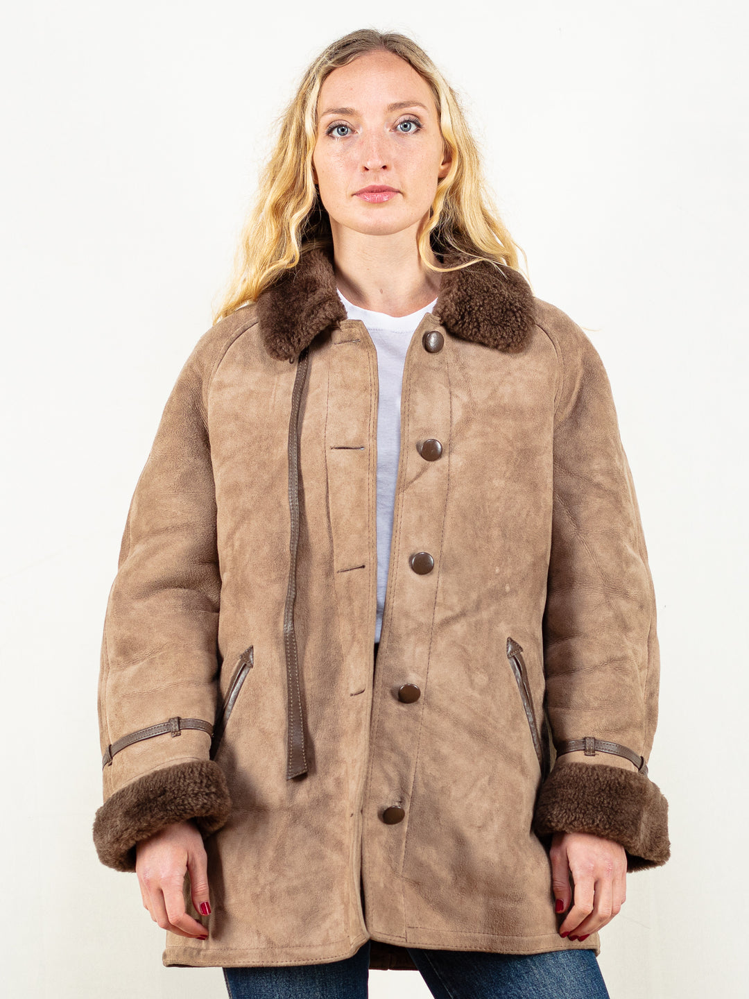 Penny Lane Shearling coat vintage 70's women brown suede sheepskin shearling coat penny lane winter outerwear vintage clothing size large L
