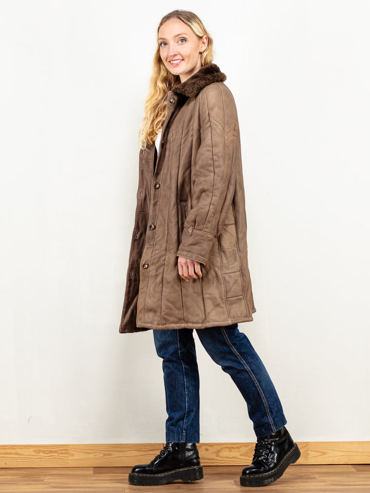 Vintage 80's Women Sheepskin Shearling Coat In Brown - NorthernGrip