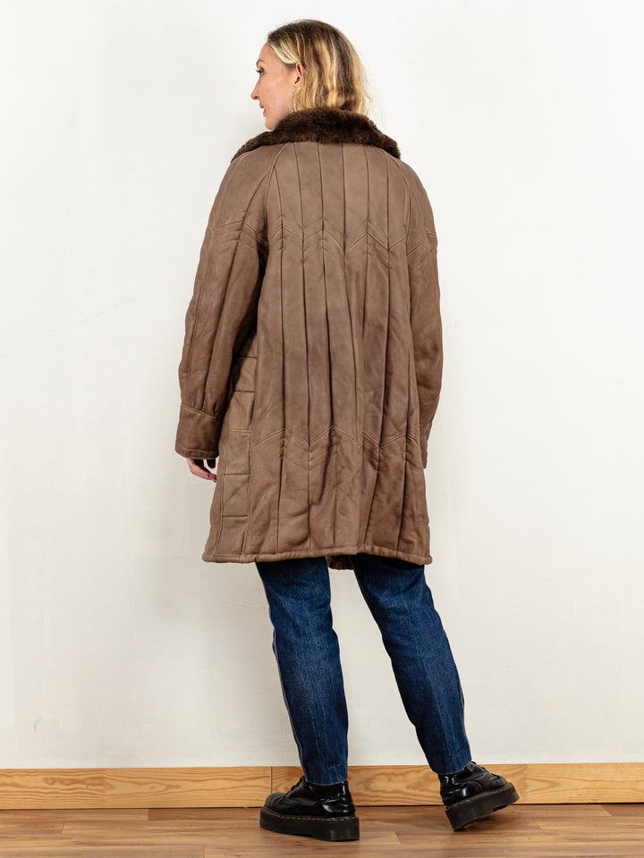 Sheepskin Shearling Coat vintage 80's women leather sheepskin brown winter coat retro shearl vintage outwear coat size large L